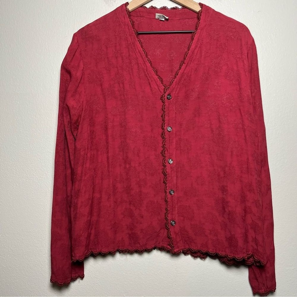 CP Shades Women Cardigan Top‎ M Red Lace Trim Floral Jacquard Whimsigoth Witchy